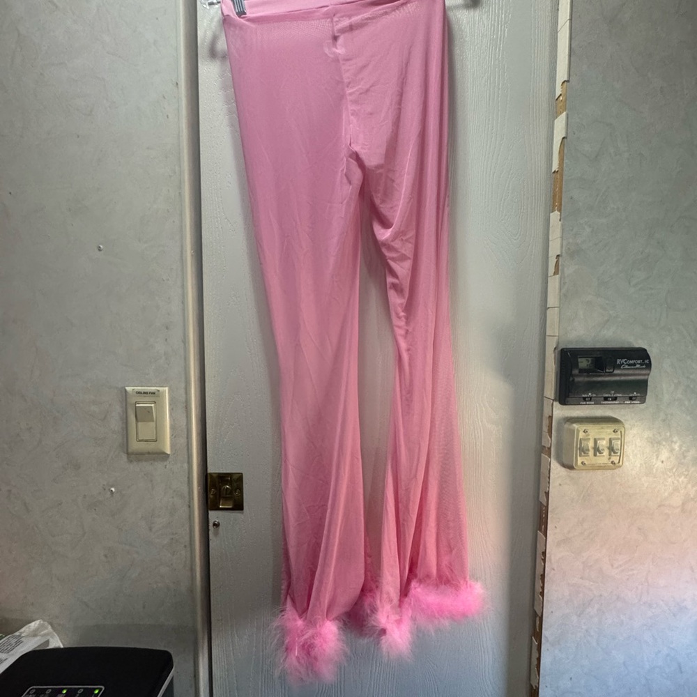 Pink mesh Flared Pants with Feather Trim